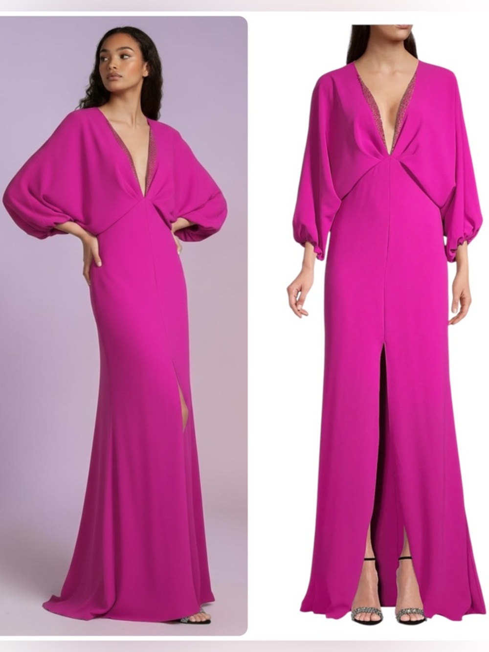 SACHIN & BABI Gabby Magenta Plunging V-Neck Beaded Trim Maxi Gown Dress NWT $825